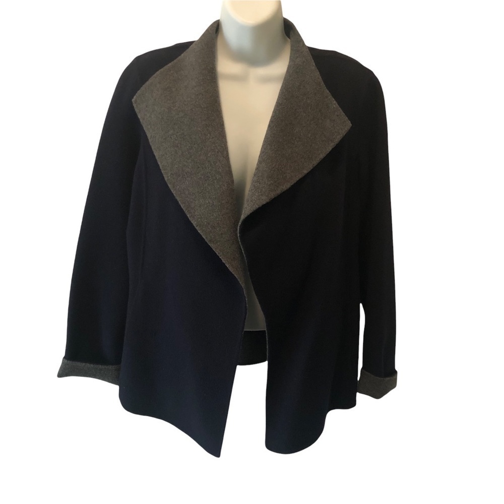 Talbots Double-Face Wing Collar Wool Blend Jacket  Sz. M Solid Navy Gray Cozy